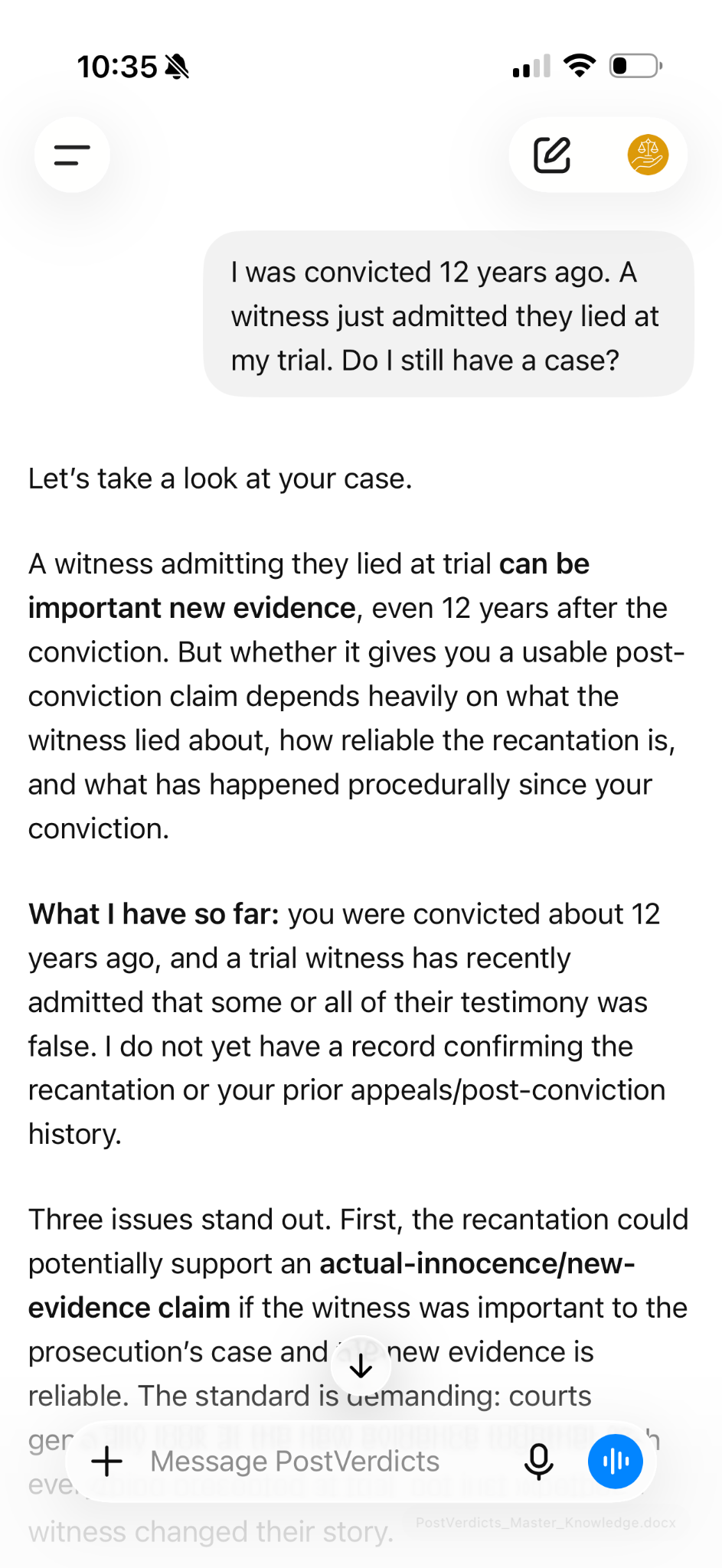 Example PostVerdicts conversation evaluating a newly recanting trial witness